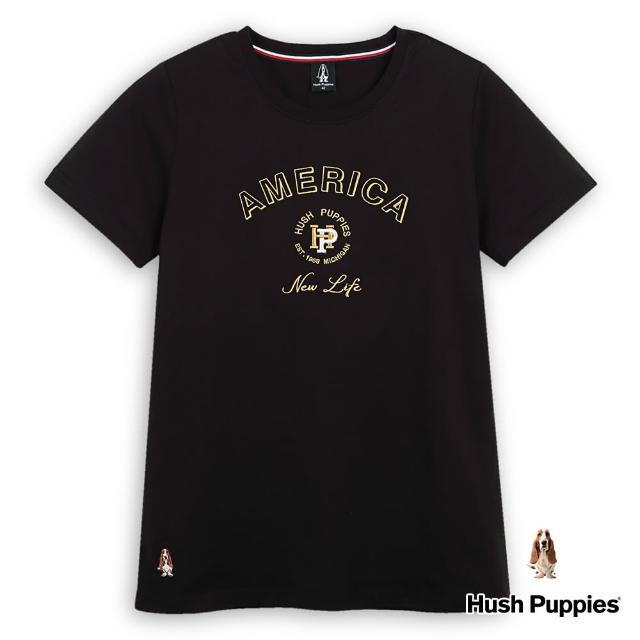 【Hush Puppies】女裝 T恤 經典HP造型繡花短袖T恤(黑色 / 43211104)