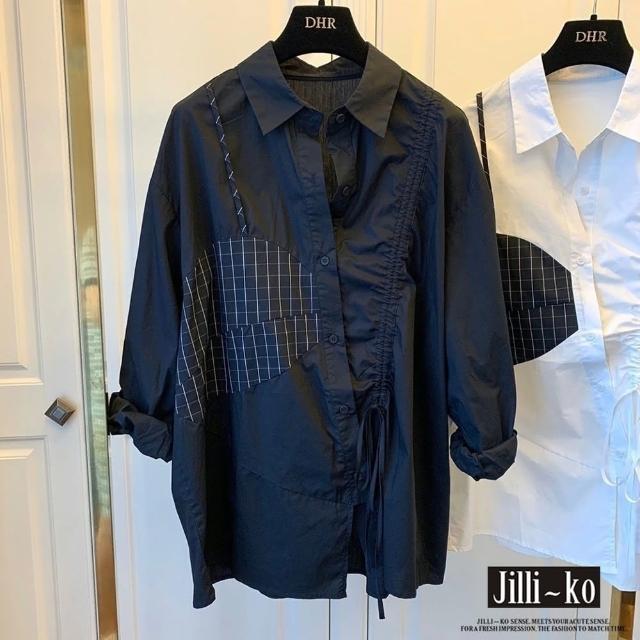 【JILLI-KO】假兩件不規則拼接格子寬鬆襯衫-F(黑)
