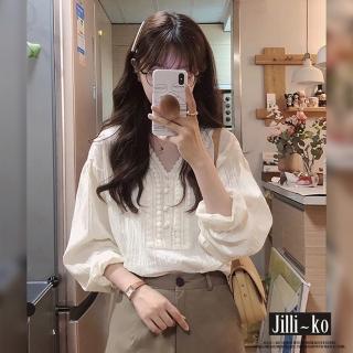 【JILLI-KO】花邊V領蕾絲氣質寬鬆韓版襯衫-F(白)