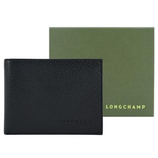 【LONGCHAMP】LE FOULONNE系列牛皮雙折零錢袋多卡短夾(黑)