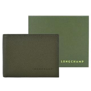 【LONGCHAMP】LE FOULONNE系列牛皮雙折零錢袋多卡短夾(卡其綠)