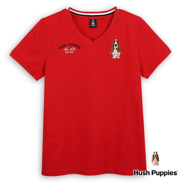 【Hush Puppies】女裝 T恤 HP造型繡花經典刺繡狗V領短袖T恤(紅色 / 43211110)