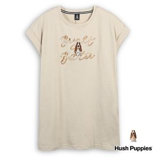 【Hush Puppies】女裝 上衣 雙色質感文字刺繡狗長版上衣(淺卡其 / 43210101)