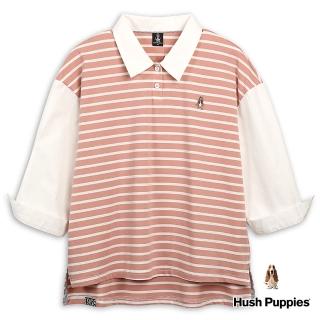 【Hush Puppies】女裝 上衣 簡約條紋異材質拼接假兩件襯衫領上衣(粉色 / 43210107)