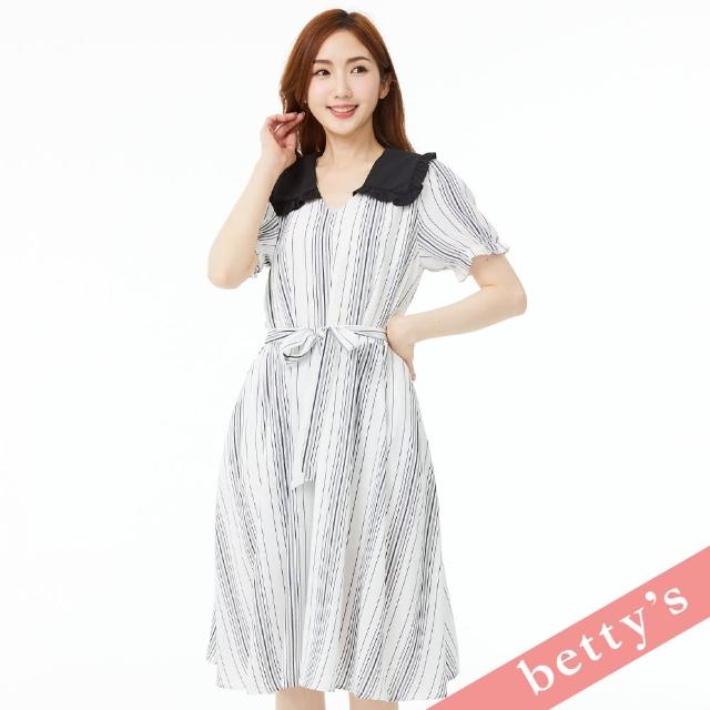 【betty’s 貝蒂思】直條紋水手荷葉領鬆緊綁帶洋裝(白色)
