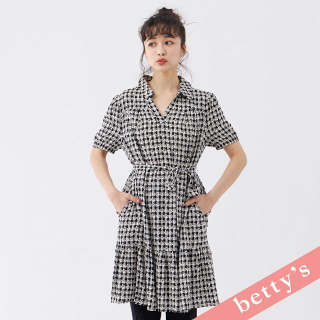 【betty’s 貝蒂思】百變格紋半開襟壓褶短洋裝(黑格子)