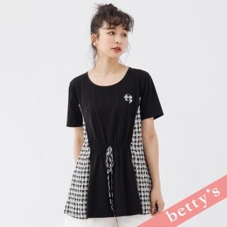 【betty’s 貝蒂思】特色格紋拼接腰間綁帶長版T-shirt(黑色)
