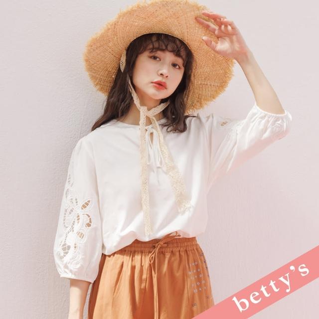 【betty’s 貝蒂思】領口綁帶鏤空七分袖上衣(白色)