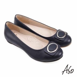 【A.S.O 阿瘦集團】A.S.O窩心系列 羊皮 飾扣圓楦淺口平底包鞋(黑藍)
