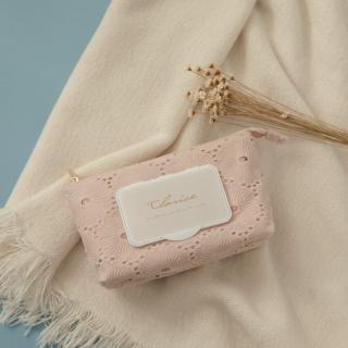 【YU Living 信歐傢居】日本進口 蕾絲造型化妝包 濕紙巾包(粉色/收納包 紙巾包 拉鍊包)