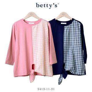 【betty’s 貝蒂思】格紋拼接下襬綁帶七分袖T-shirt(共二色)