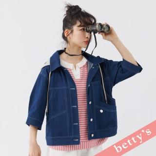 【betty’s 貝蒂思】前後開襟斜接率性連帽七分袖牛仔外套(深藍色)