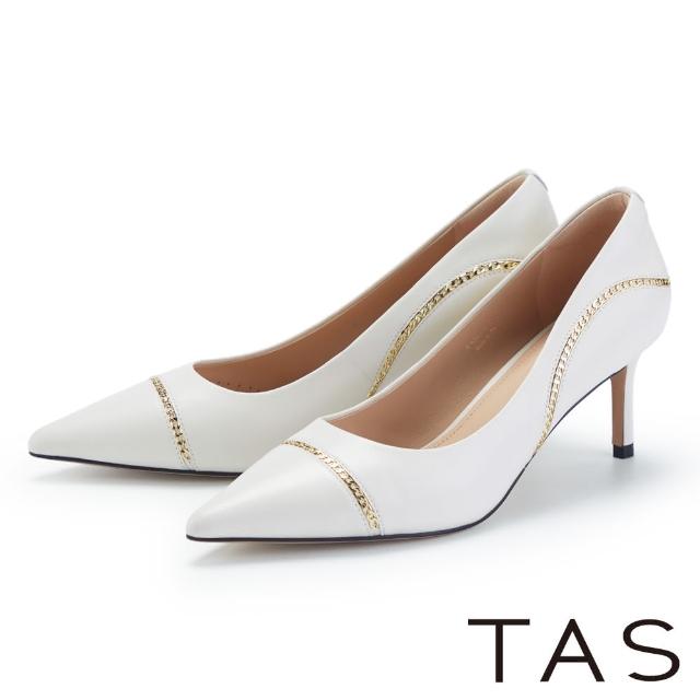 【TAS】簡約金屬細鍊羊皮尖頭高跟鞋(白色)