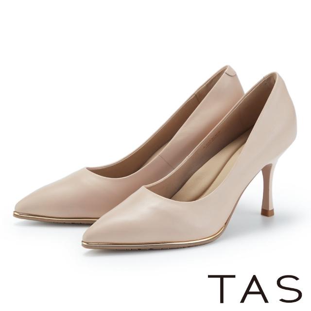 【TAS】魅力金屬拼接羊皮尖頭高跟鞋(裸色)