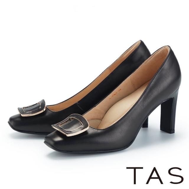 【TAS】典雅金屬方釦羊皮方頭高跟鞋(黑色)