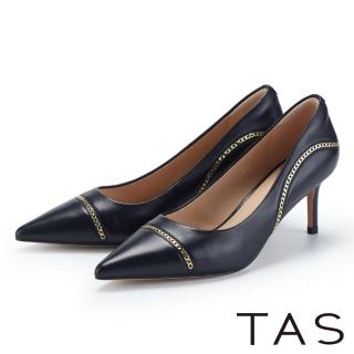 【TAS】簡約金屬細鍊羊皮尖頭高跟鞋(黑色)