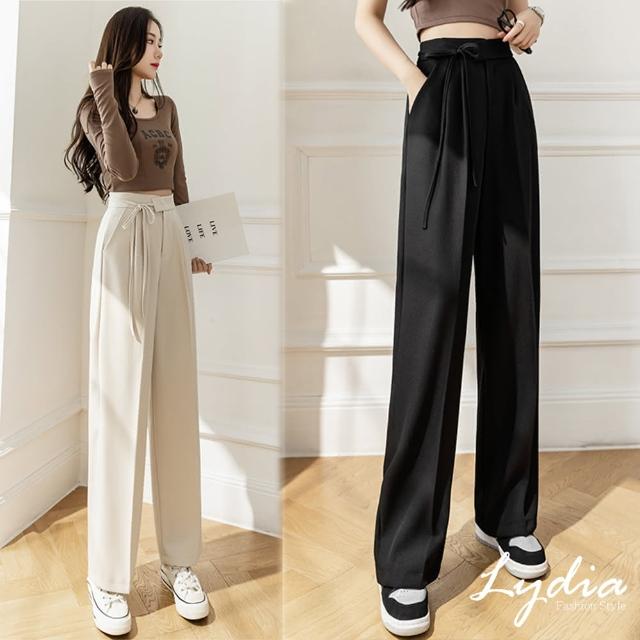 【Lydia】現貨 高腰垂感顯瘦設計感寬鬆西裝褲(杏/黑 M、L、XL)