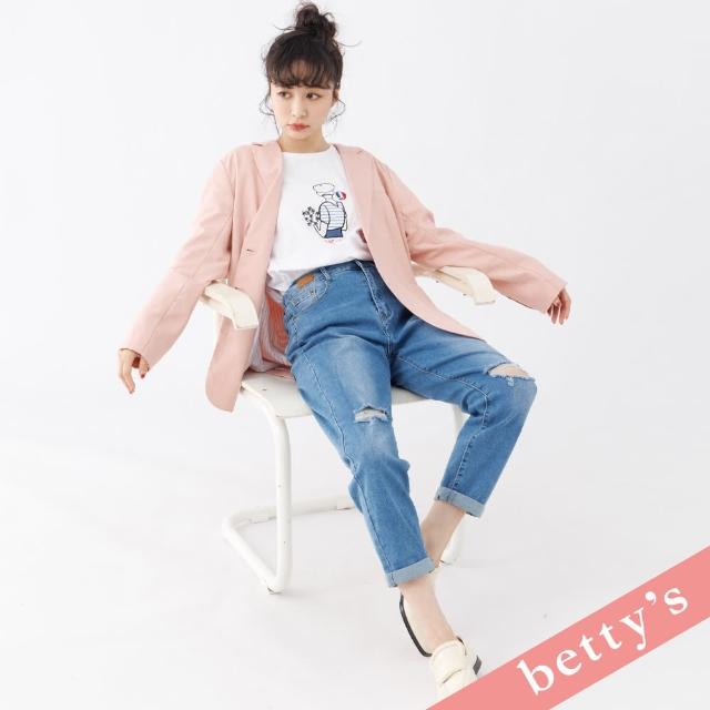 【betty’s 貝蒂思】腰鬆緊個性破洞直筒牛仔褲(淺藍色)