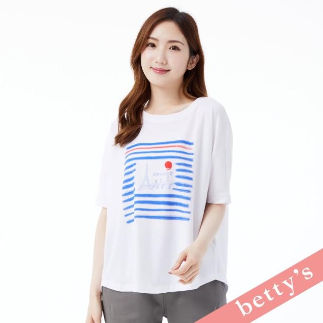 【betty’s 貝蒂思】巴黎鐵塔風景手繪印花落肩寬版T-shirt(白色)