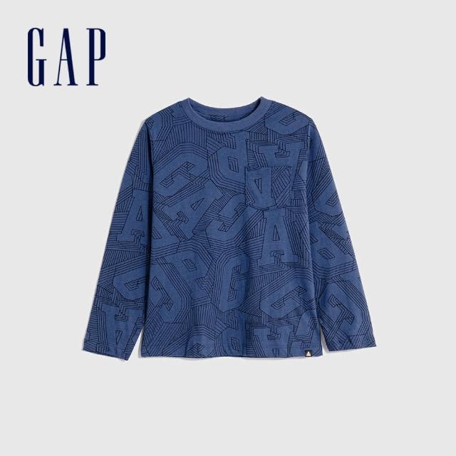 【GAP】男幼童裝 純棉印花/條紋圓領長袖T恤 厚磅密織親膚系列-深藍色(753674)
