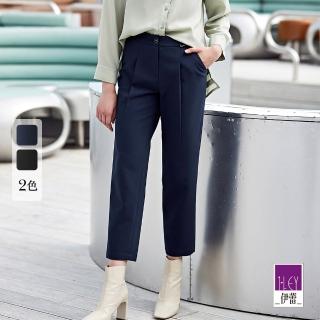【ILEY 伊蕾】俐落時髦單邊造型假腰帶摺線直筒修身長褲(兩色；M-XL；1223026424)