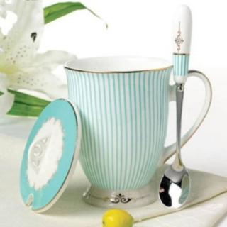 【JEN】英式條紋陶瓷馬克杯含蓋勺