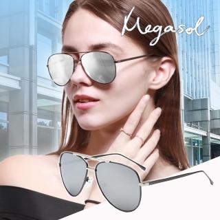【MEGASOL】精緻細框雅痞款UV400偏光太陽眼鏡(高質感金屬純手工鏡架8886-GS槍框銀片)