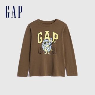 【GAP】男幼童裝 Logo純棉印花圓領長袖T恤-棕色(748015)