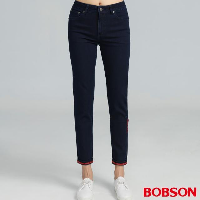 【BOBSON】女款中腰刺繡鑽飾小直筒褲(8183-52)