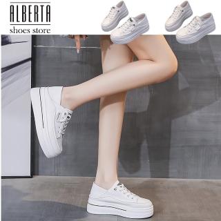 【Alberta】跟高5cm 超纖皮革 小白鞋 厚底增高 免繫帶 休閒運動板鞋 2色