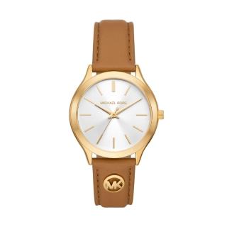 【Michael Kors】風采知性皮革時尚腕錶-金X白(MK7465)
