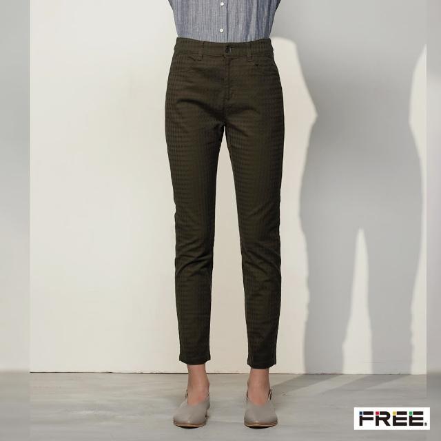 【FREE】彈性棉平織窄管口袋合身長褲(深褐)