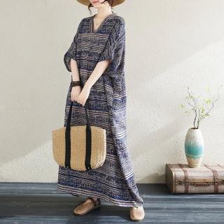 【Pure 衣櫃】復古棉麻印花連身裙洋裝(KDDY-1061)