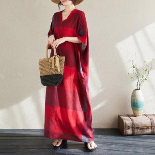 【Pure 衣櫃】復古棉麻印花連身裙洋裝(KDDY-1059)