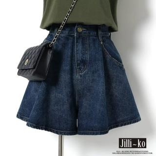 【JILLI-KO】夏季高腰遮跨顯瘦薄款闊腿A字牛仔短褲女-L/XL(深藍)