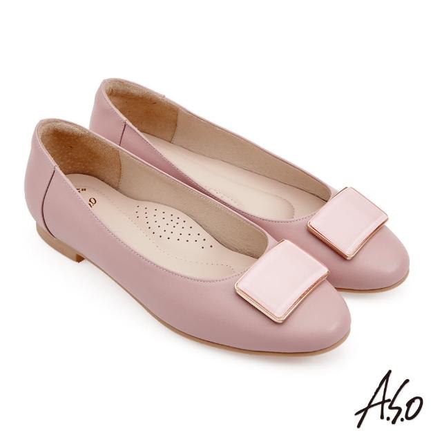 【A.S.O 阿瘦集團】A.S.O 職場通勤 健步窩心 配色方釦牛皮娃娃鞋(粉色)