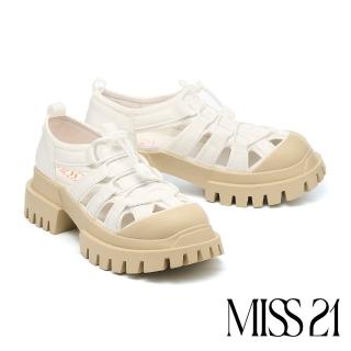 【MISS 21】個性潮酷簍空異材質純色彈力抽繩大頭厚底休閒鞋(白)