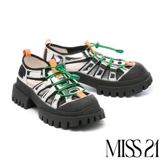 【MISS 21】個性潮酷簍空異材質撞色彈力抽繩大頭厚底休閒鞋(銀)