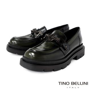 【TINO BELLINI 貝里尼】波士尼亞進口全真皮厚底鍊飾樂福鞋FYLO002A(墨綠)