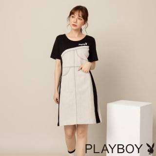 【PLAYBOY】拼接簡約撞色顯瘦洋裝(黑色)