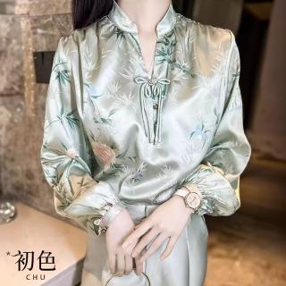 【初色】中華風復古盤扣提花小V領立領長袖緞面襯衫上衣女上衣-淺綠色-33154(M-2XL可選)