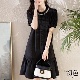 【初色】純色圓領拼接短袖寬鬆荷葉邊中長裙連身洋裝連身裙洋裝-黑色-33196(M-2XL可選)