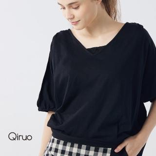 【Qiruo 奇若名品】春夏專櫃黑色短袖上衣2112A 短版時髦設計(腰部束口)