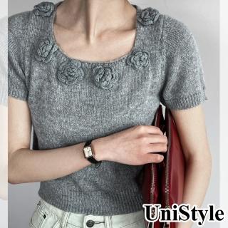 【UniStyle】短袖針織上衣 韓版立體勾花甜美復古風 女 UVss383(灰)