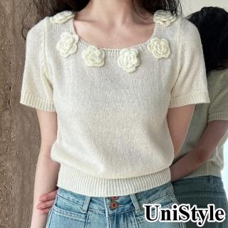【UniStyle】短袖針織上衣 韓版立體勾花甜美復古風 女 UVss383(乳白)