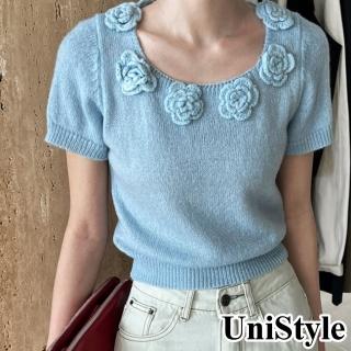 【UniStyle】短袖針織上衣 韓版立體勾花甜美復古風 女 UVss383(天藍)