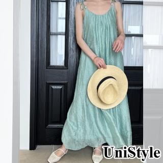 【UniStyle】露背吊帶洋裝 韓版慵懶度假風抽褶大裙襬設計 女 UV3976(豆青)