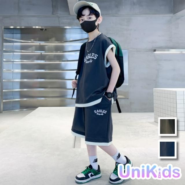 【UniKids】中大童裝2件套假兩件半袖T恤休閒五分褲 男大童裝 VP242315(灰 綠)
