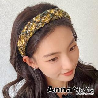 【AnnaSofia】韓式寬髮箍髮飾-韓系毛呢鋪棉 現貨(黃綠交叉線系)