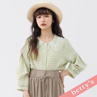 【betty’s 貝蒂思】格紋蕾絲劍領泡泡袖襯衫(淺綠色)